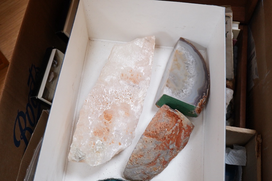 A collection of geological mineral specimens and fossils, including large quartz specimens, prepared cross-sections, fossilised tree sample, crystal formations, etc.